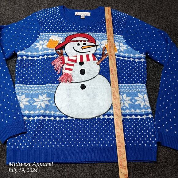 Ugly Jolly Sweaters Christmas Snowman with Beer Fair Isle Blue Adult Large - Picture 3 of 7